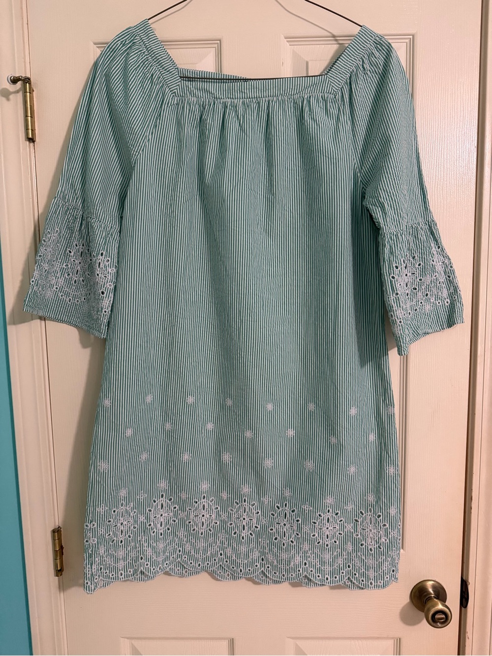 Izod Green and White Striped Seersucker Dress with Eyelet Detail